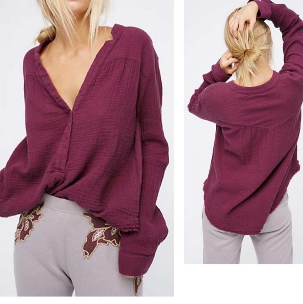 Free People Xs Burgundy Plum Casual Boho LongSleeve Top Linen Free People Cotton